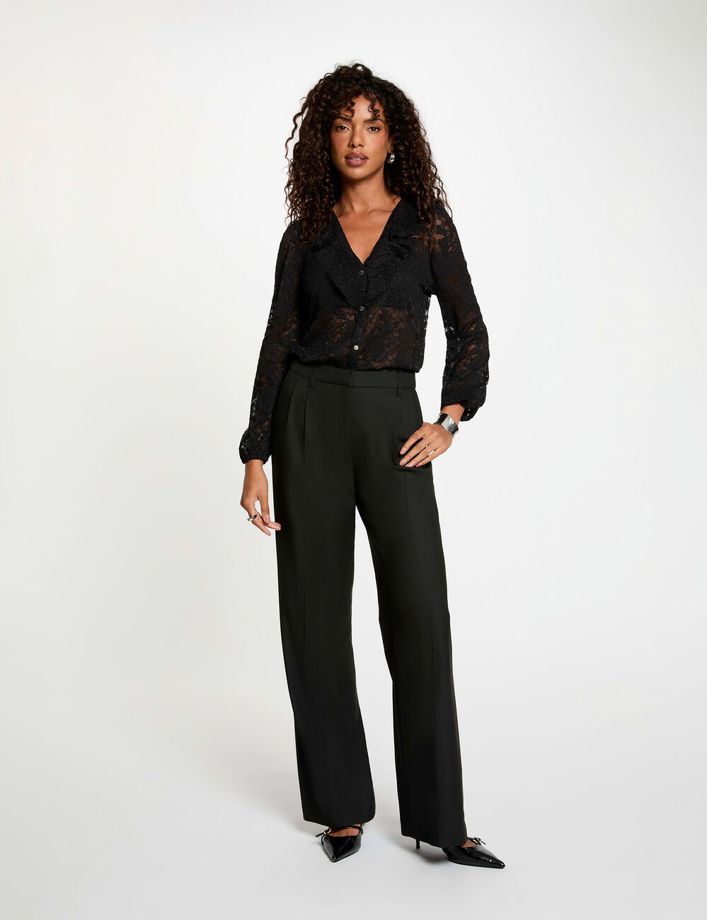 Kant blouse met V-hals zwart vrouw