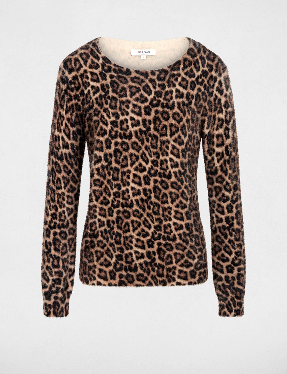 Pull col rond l&eacute;opard beige femme