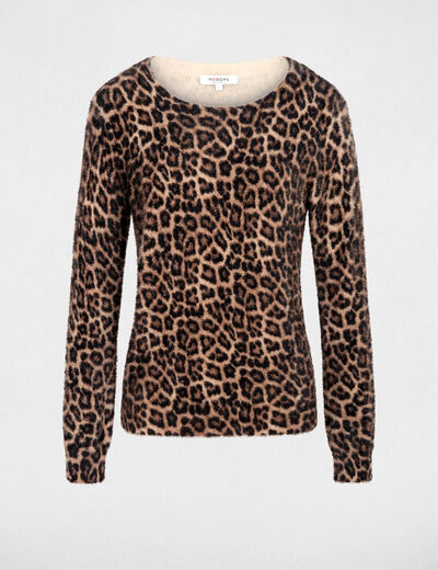 Pull col rond l&eacute;opard beige femme
