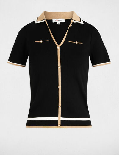 Pull col polo manches courtes noir femme