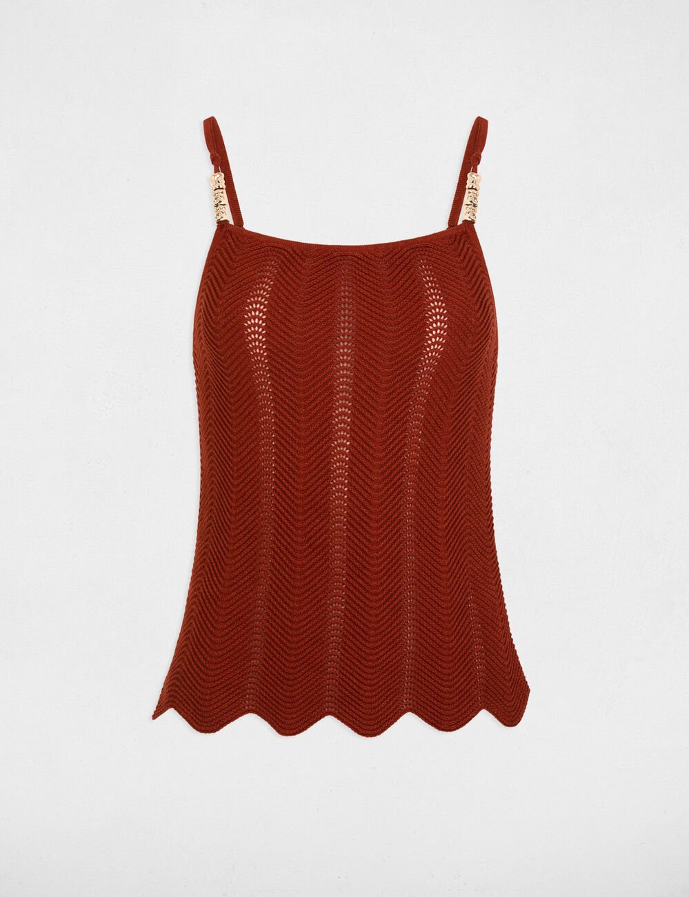 Gebreide top met fijne bandjes cognacbruin vrouw