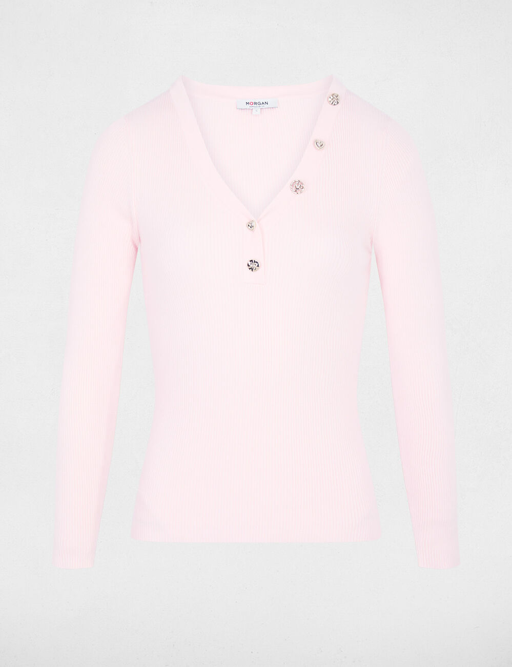 Pull col v fantaisie rose clair femme