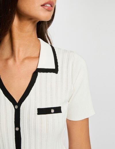 Pull ajust&eacute; col &agrave; revers blanc femme