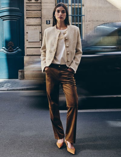 Pantalon droit su&eacute;dine marron chocolat femme