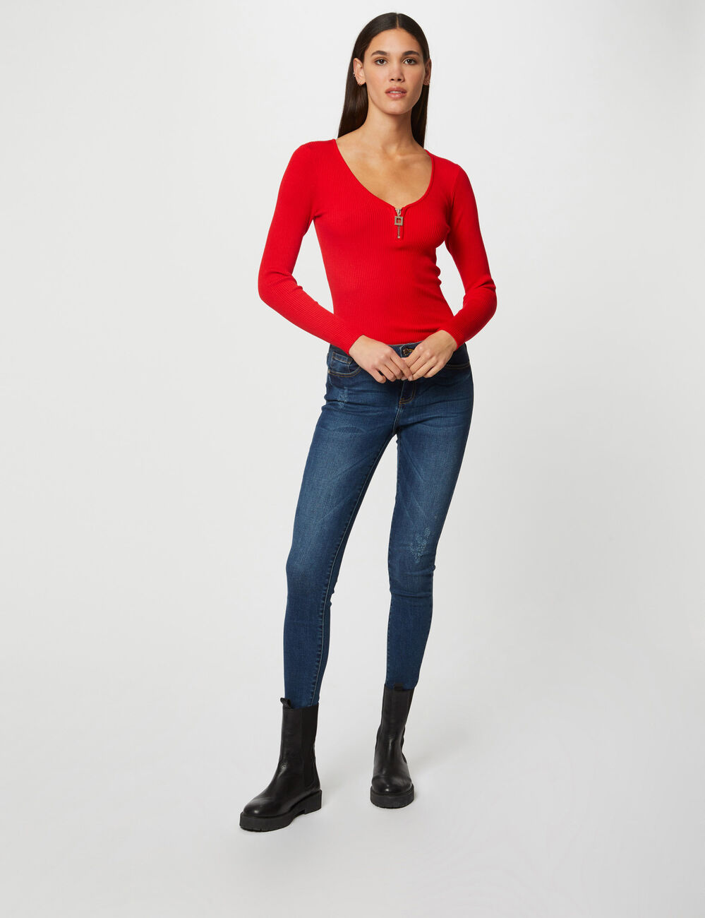 Pull manches longues avec d&eacute;tail zipp&eacute; rouge femme