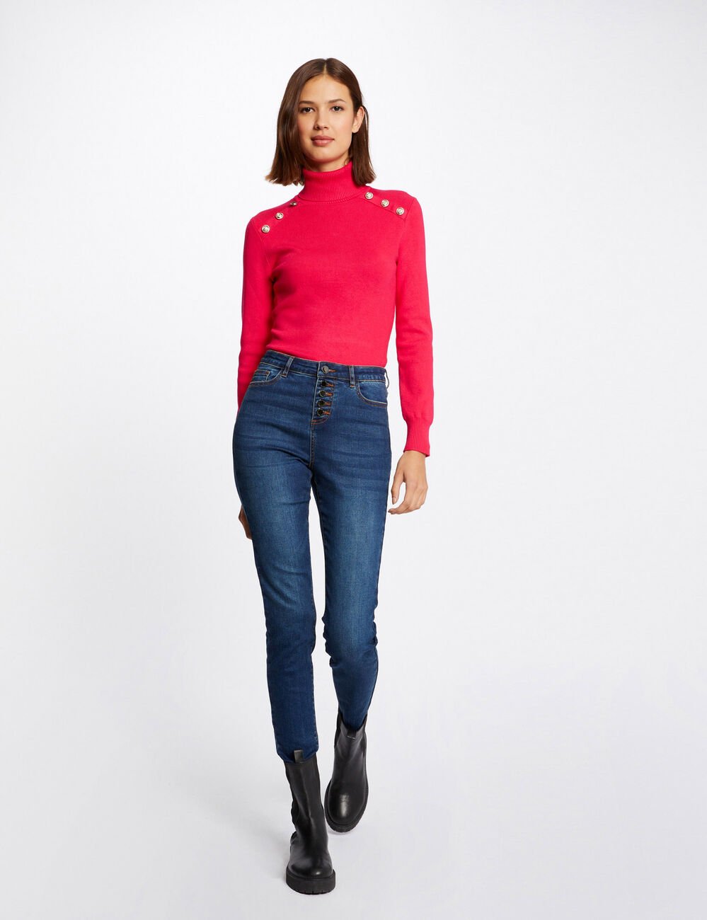 Pull manches longues &agrave; col roul&eacute; rose framboise femme