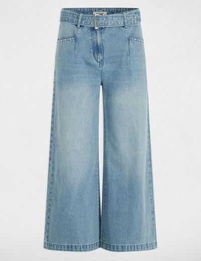 Jeans large 7/8ème ceinturé denim bleach femme