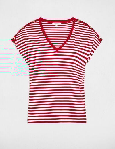 Gestreept V-hals T-shirt helder wit vrouw