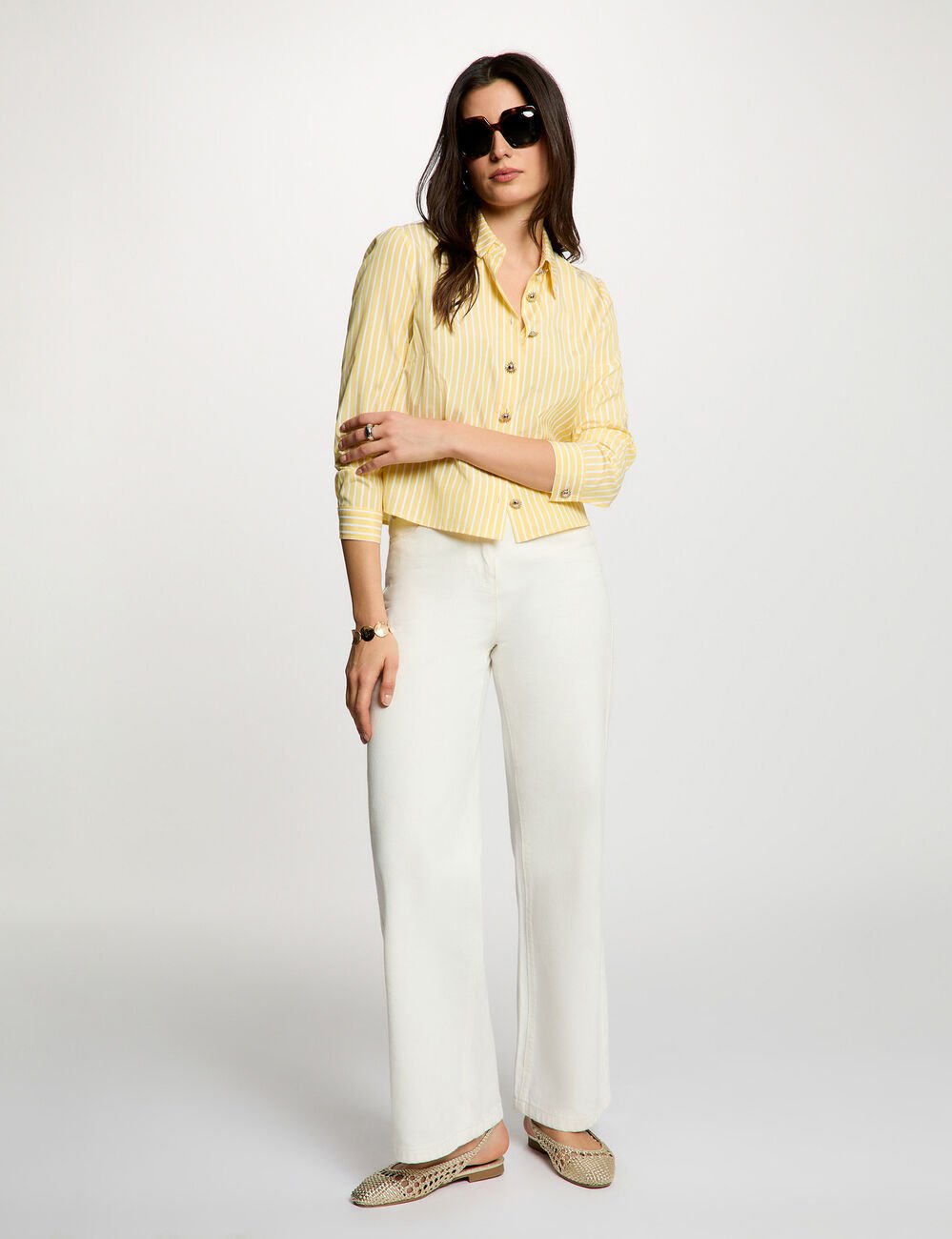 Chemise cropped rayures jaune clair femme