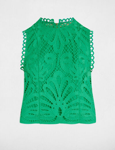Mouwloze kanten top met print emerald groen vrouw