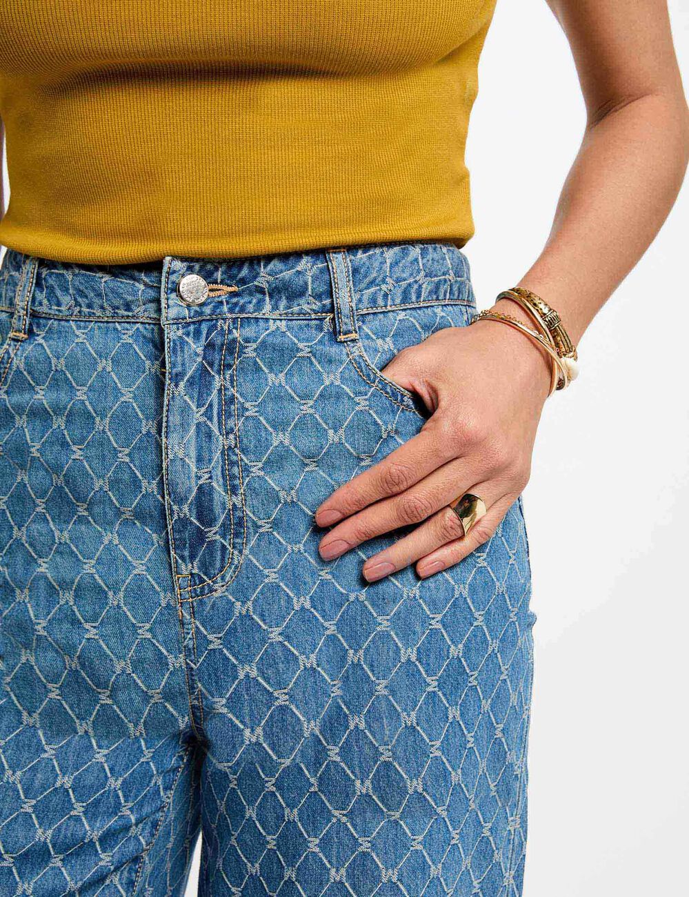 Wijde jeans met print stone washed denim vrouw