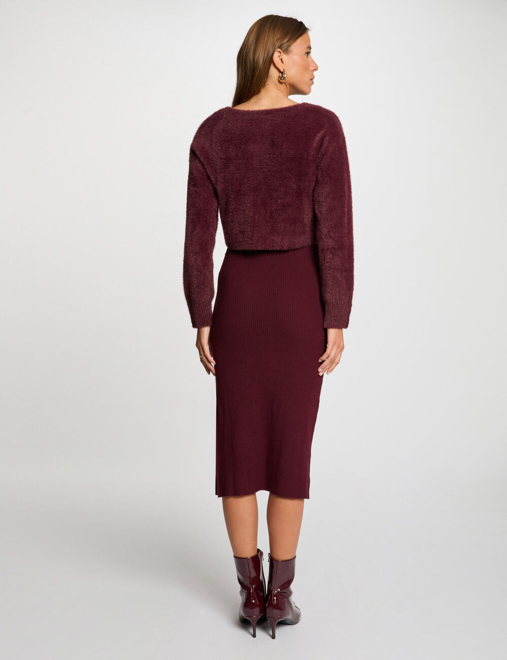 Robe tricot midi ajust&eacute;e 2-en-1 prune femme