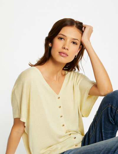Pull manches courtes avec boutons jaune paille femme