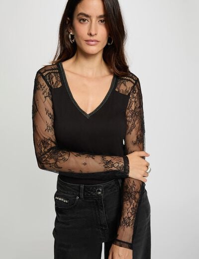 Kanten V-hals T-shirt zwart vrouw