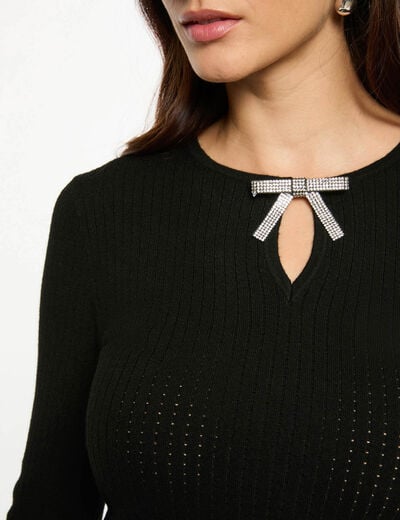 Trui met ronde hals en strass zwart vrouw