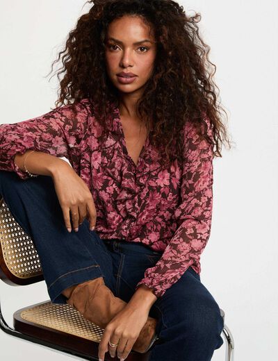 T-shirt voile col v bordeaux femme