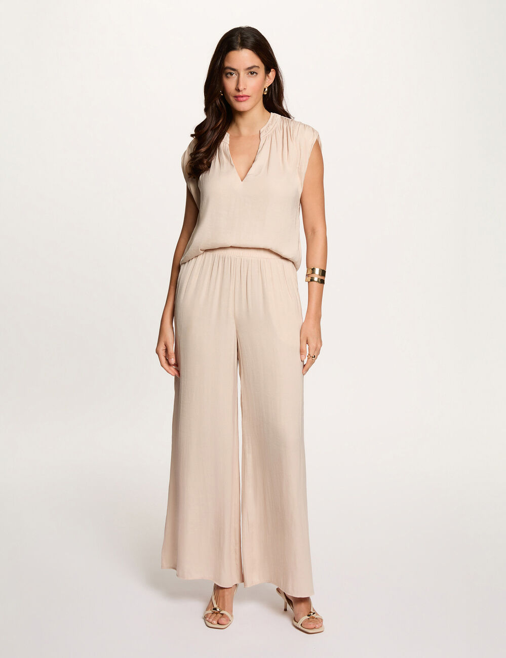 Pantalon large fluide beige clair femme