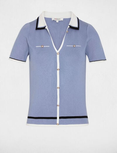 Pull col polo manches courtes bleu femme