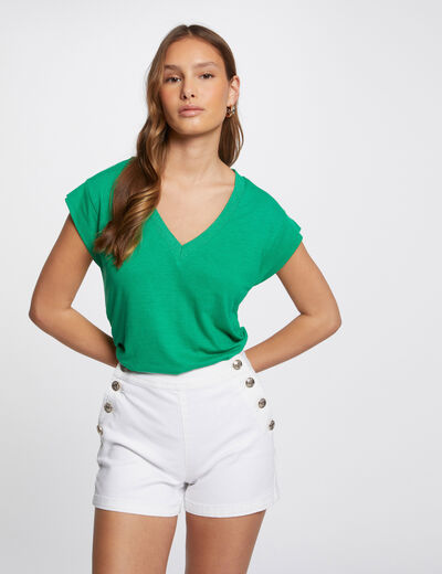 T-shirt manches courtes à col en V vert kaki femme
