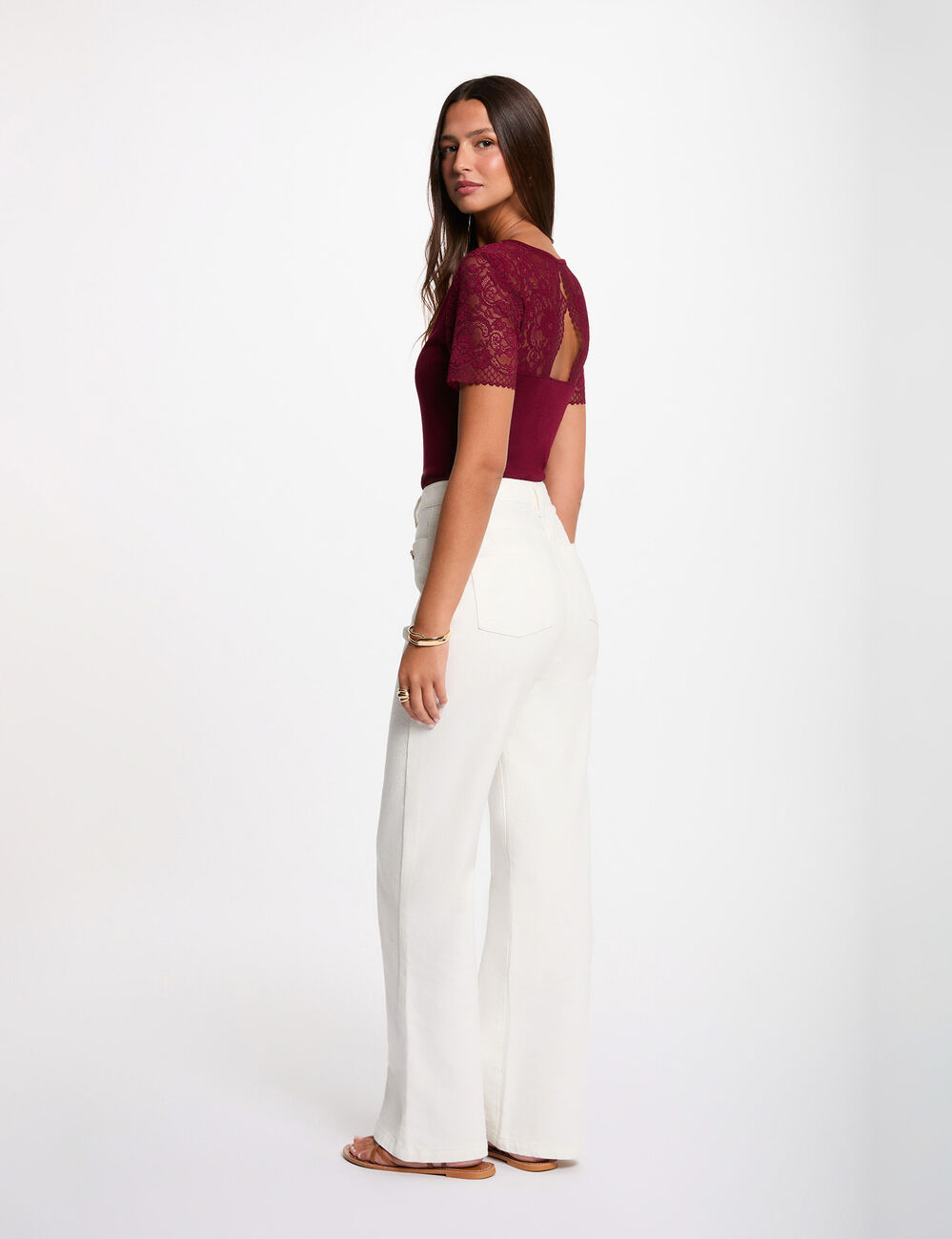 Kant T-shirt met V-hals bordeaux vrouw