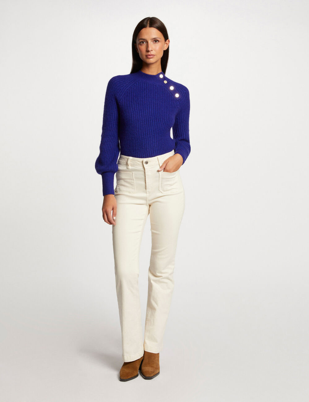 Pull manches longues col montant bleu femme