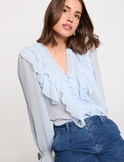 Vloeiende blouse met V-hals hemelsblauw vrouw