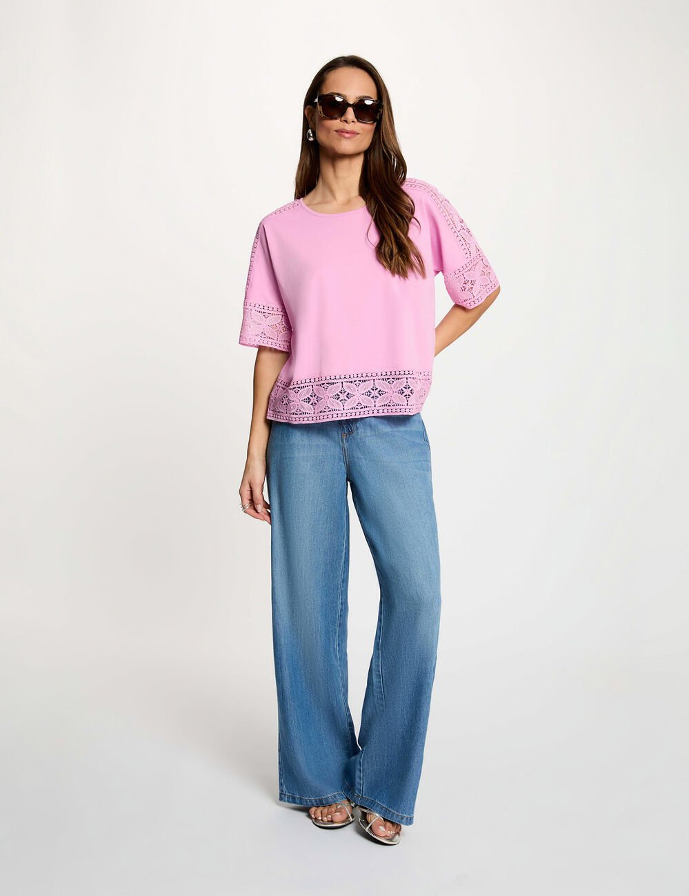 T-shirt dentelle col rond rose femme