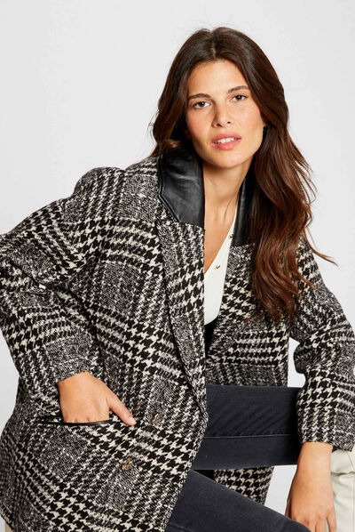 Manteau droit imprimé pied de poule ecru femme