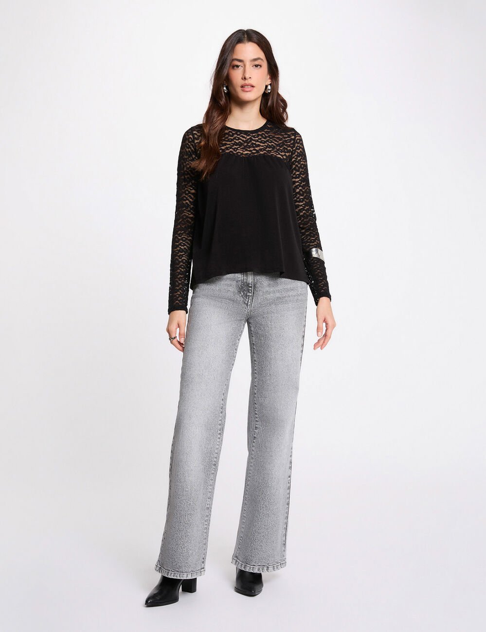 T-shirt dentelle manches longues noir femme