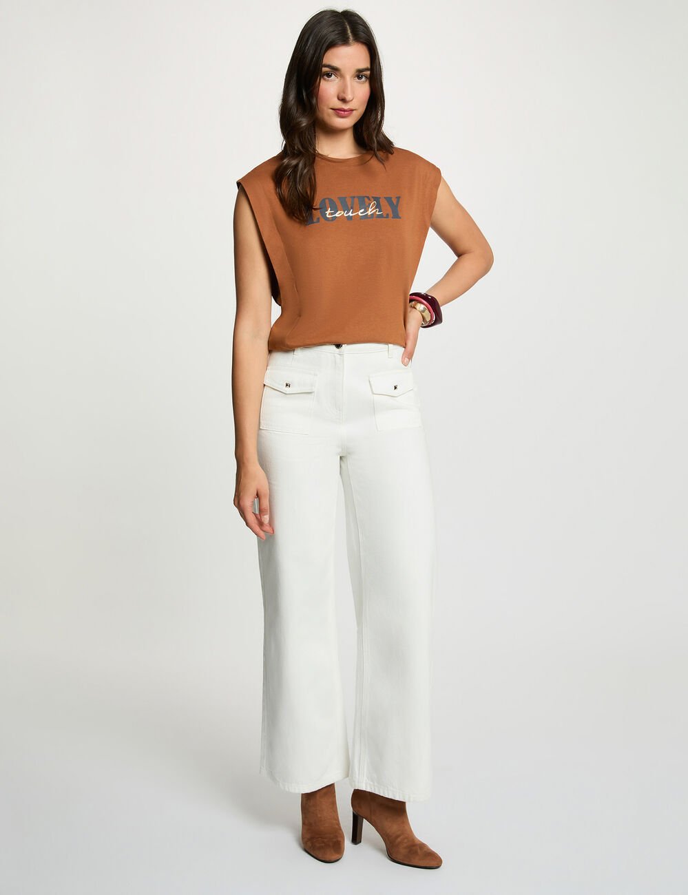 Recht T-shirt met ronde hals camel vrouw