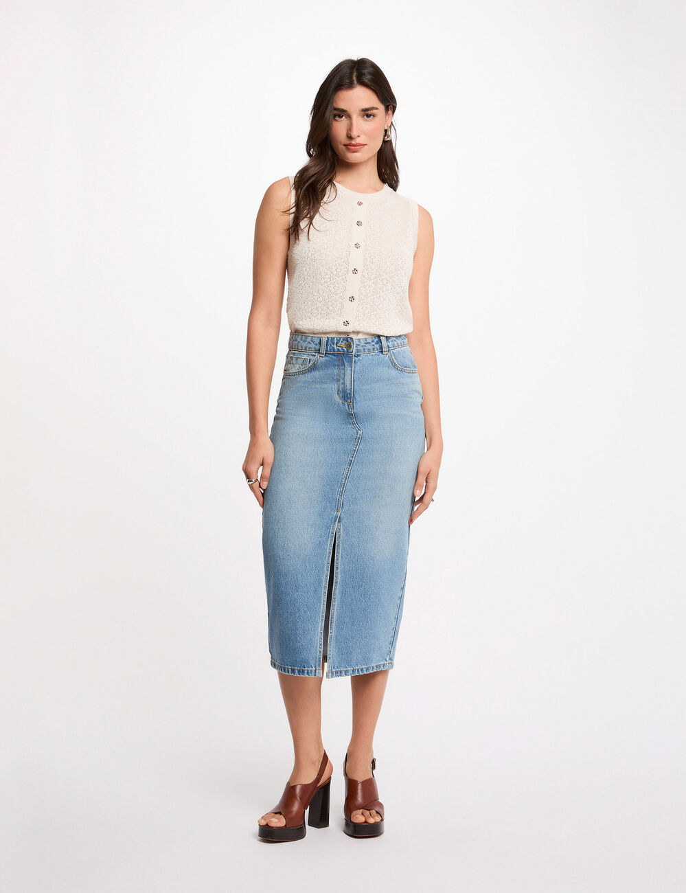 Mouwloos vest met ronde hals ivoor vrouw