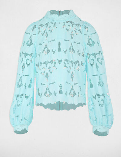 Blouse broderie col montant bleu ciel femme