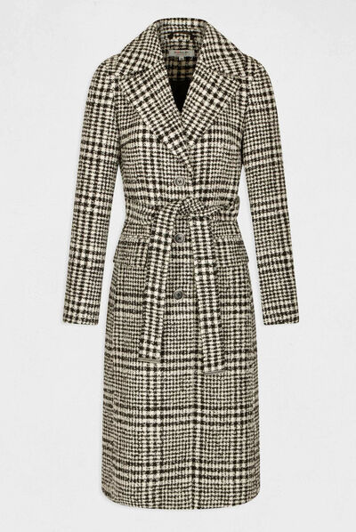Manteau droit ceinturé imprimé ecru femme