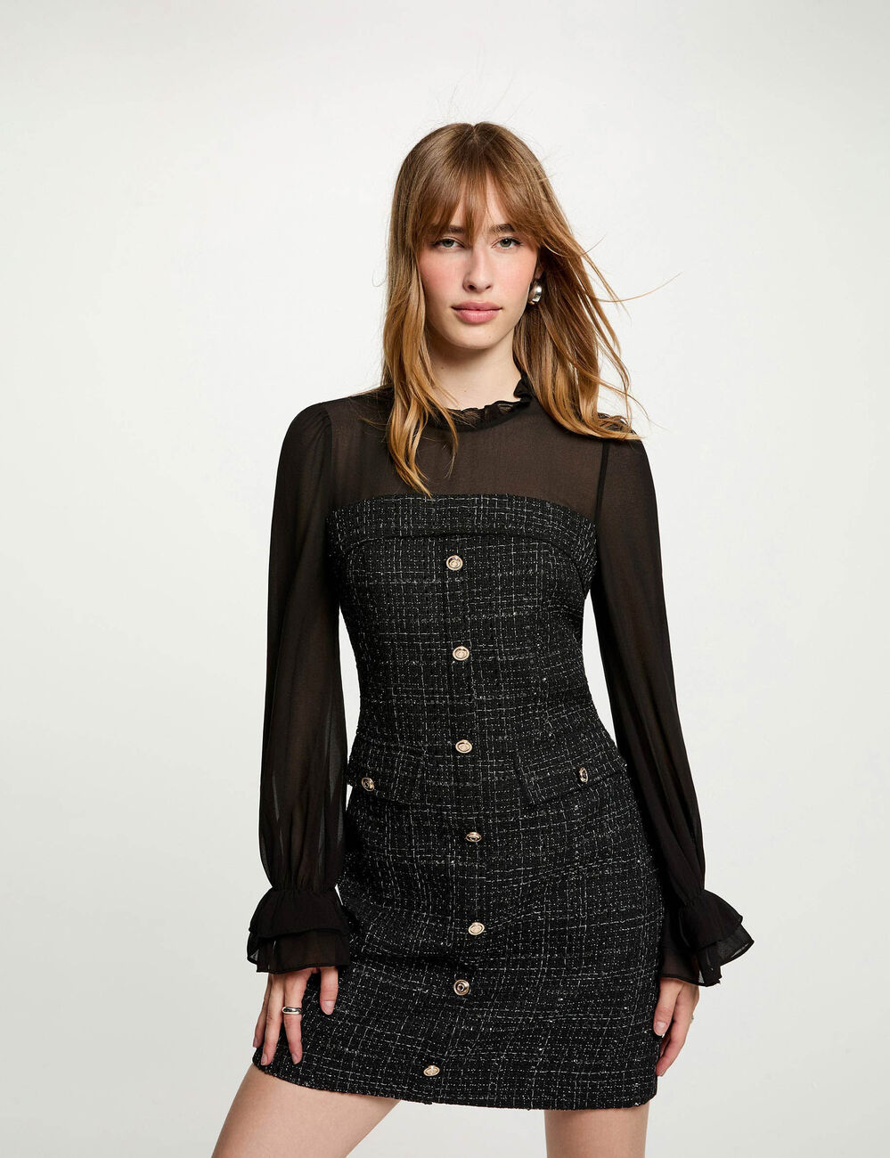 Robe tweed manches longues noir femme
