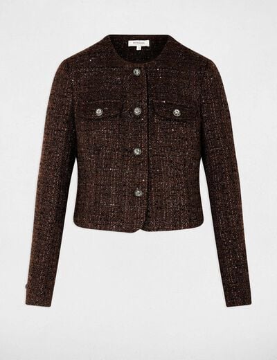 Veste ajust&eacute;e col rond marron fonc&eacute; femme