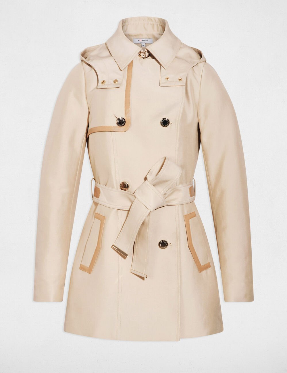 Trench mi-long &agrave; capuche beige femme