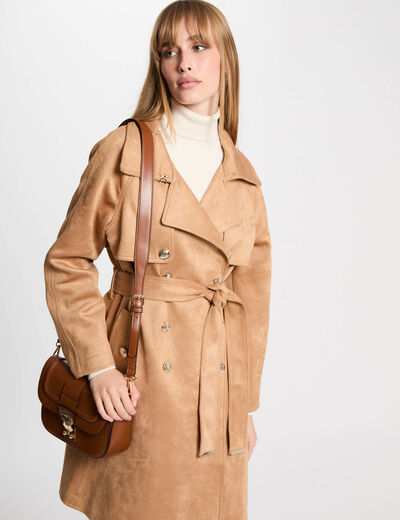 Lange suède trenchcoat marron clair vrouw