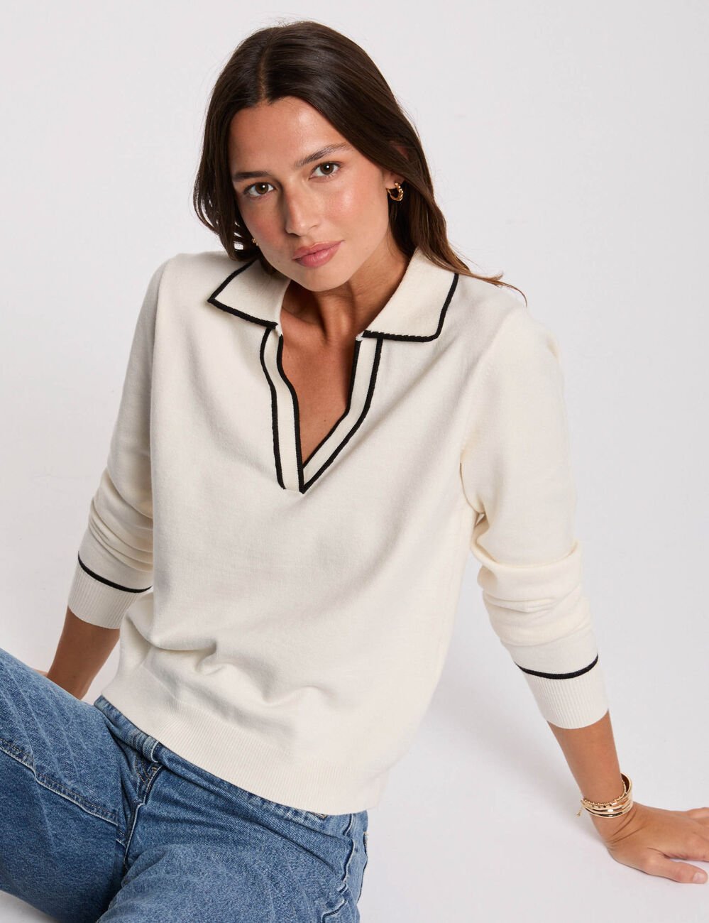 Pull col polo ivoire femme