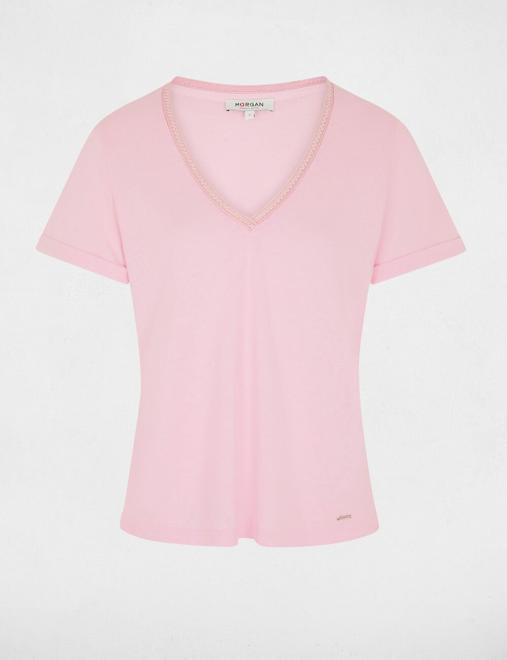 T-shirt met parels en V-hals roze vrouw