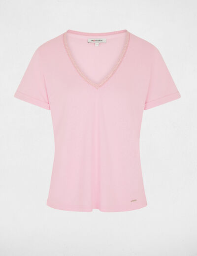 T-shirt met parels en V-hals roze vrouw