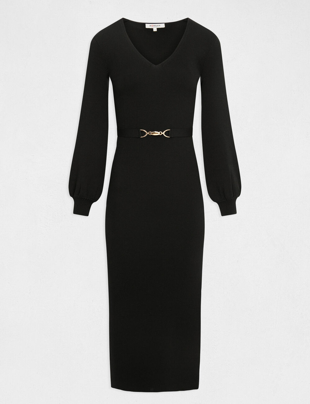 Robe tricot longue ajust&eacute;e &agrave; ornement noir femme