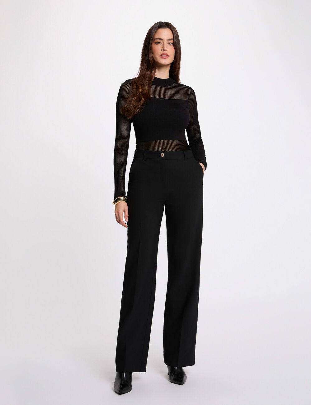 Pull ajouré col montant noir femme