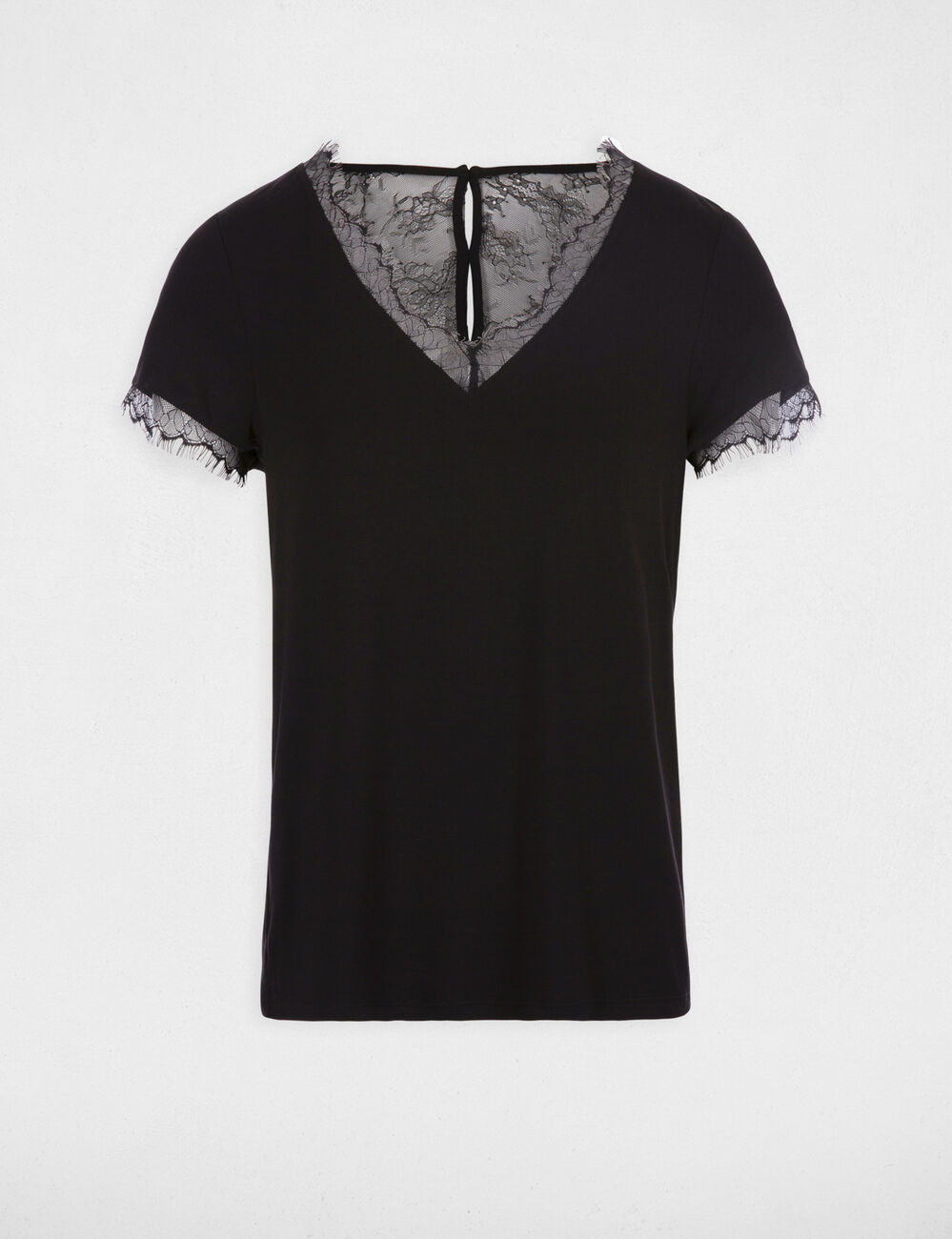 T-shirt col V &agrave; dos boutonn&eacute; en dentelle noir femme