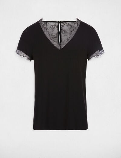 T-shirt col V &agrave; dos boutonn&eacute; en dentelle noir femme