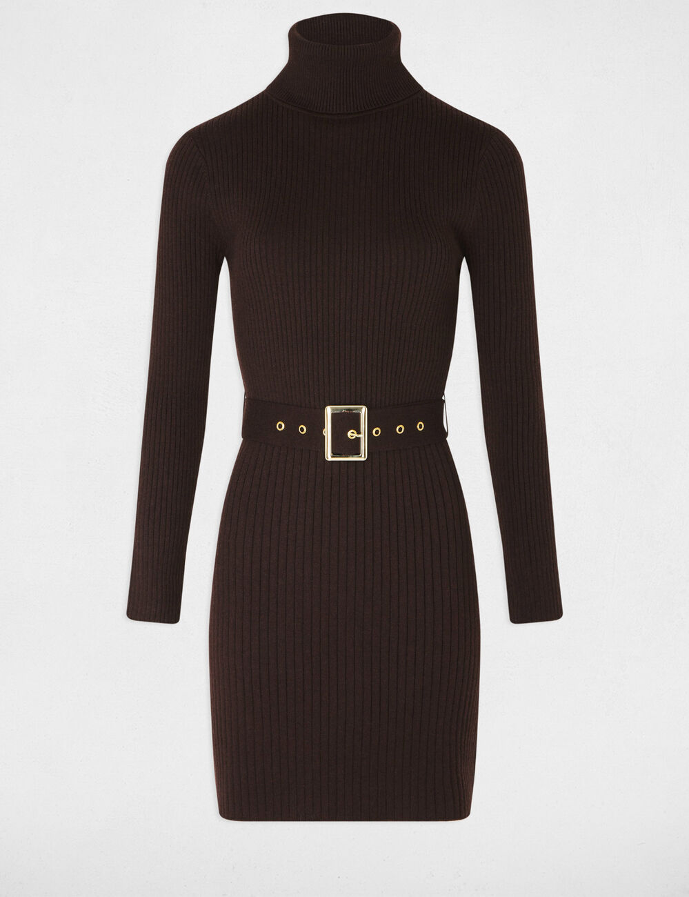 Gebreide jurk met coltrui donker bruin vrouw