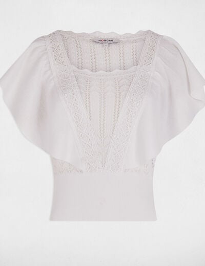 Pull manches courtes dentelle ivoire femme