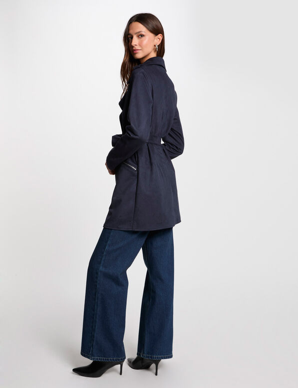 suede lange jas met riem marineblauw vrouw Suède lange jas met riem marineblauw vrouw