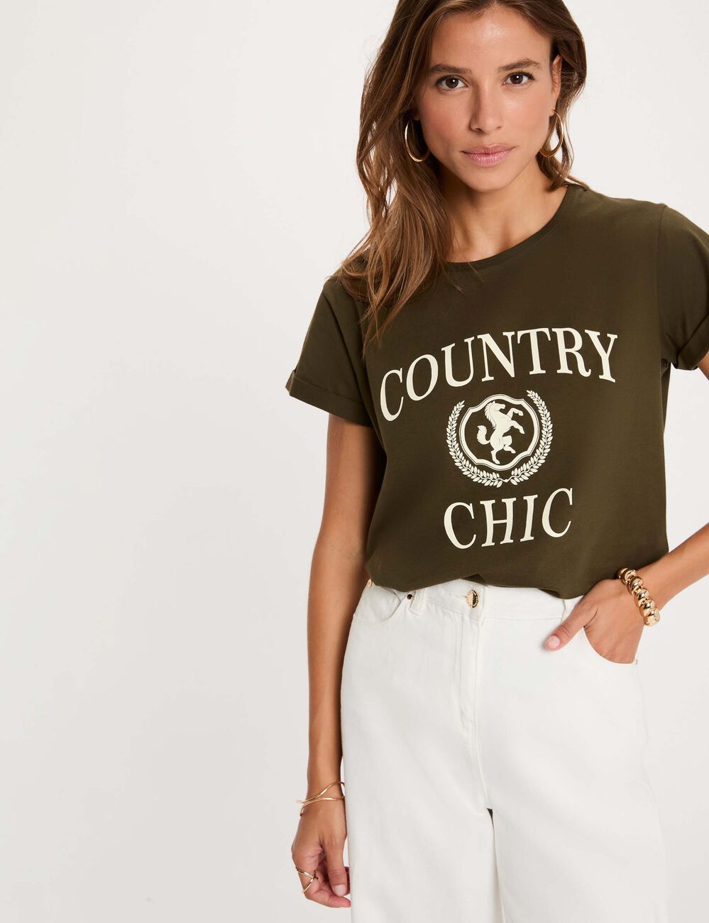 T-shirt col rond manches courtes vert kaki femme