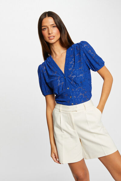 T-shirt met korte mouwen en borduursel bleu electrique vrouw