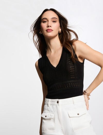 Pull sans manches ajouré noir femme
